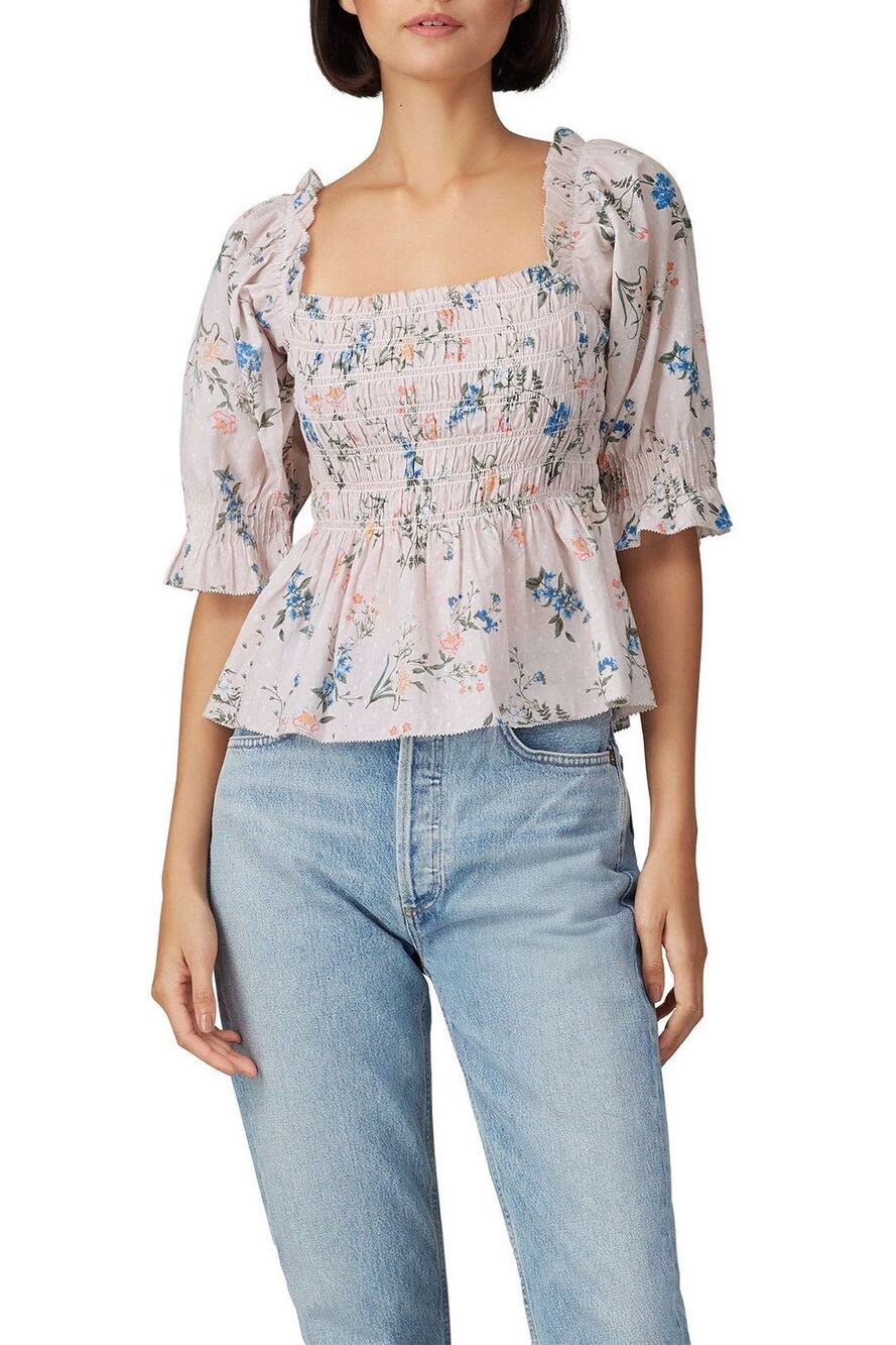 Saylor Clover Pink Floral Print Smocked Square Neck Puff Sleeve Top Size M